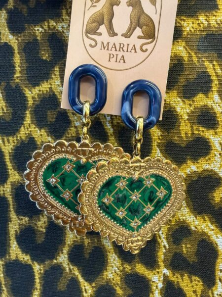 Brinco Coracao Dourado e Verde e Elos azuis