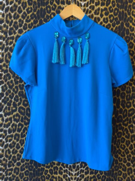 Blusa Damsel Azul Turquesa M/ Curta Pedras/Franjas PP
