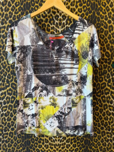 Blusa Afghan Malha M/Curta Estampa Cinza,Preta e Verde Neon G